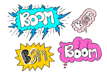 Hand drawn set of speech bubbles with handwritten text:boom isolated on white background.