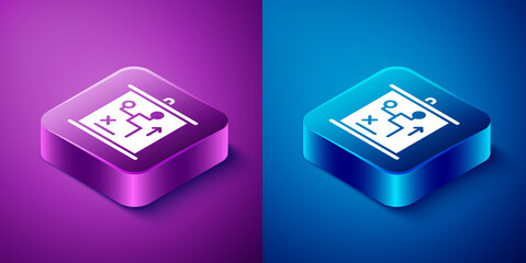 Isometric Planning strategy concept icon isolated on blue and purple background. Cup formation and tactic. Square button. Vector.