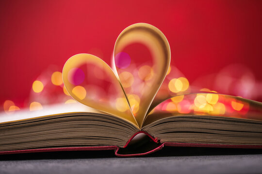 Book with love symbol on red background, heart shape from paper book.