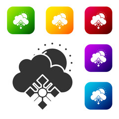 Black Cloud with snow and sun icon isolated on white background. Cloud with snowflakes. Single weather icon. Snowing sign. Set icons in color square buttons. Vector.