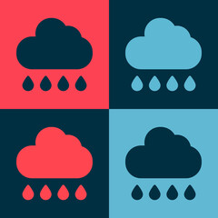 Pop art Cloud with rain icon isolated on color background. Rain cloud precipitation with rain drops. Vector.