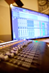 Table de mixage et ordinateur - studio d'enregistrement musique - bureau de travail sonorisation inégnieur son - obrazy, fototapety, plakaty