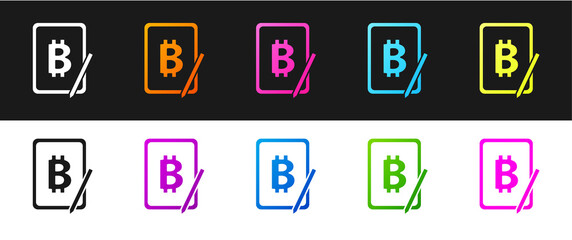 Set Mining bitcoin from graphic tablet icon isolated on black and white background. Cryptocurrency mining, blockchain technology service. Vector.