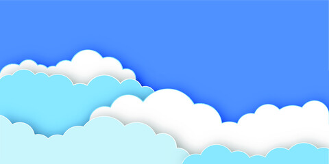 Clouds on blue sky. Vector banner with copyspace. Paper cut style.