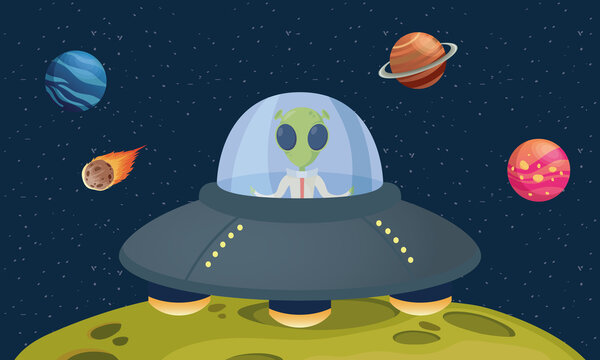 alien comic character in ufo with planets scene