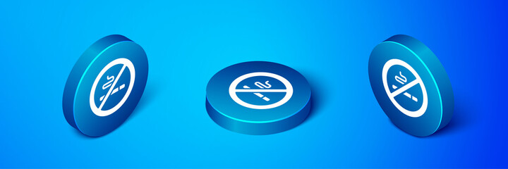 Isometric No Smoking icon isolated on blue background. Cigarette symbol. Blue circle button. Vector.