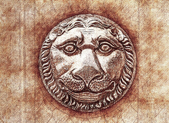 Ancient vintage door, lion face. Sketch illustration. Pencil painted style.