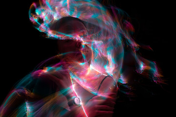 lightpainting portrait, new art direction, long exposure photo without photoshop, light drawing at long exposure