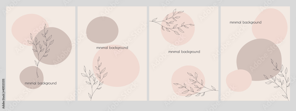Wall mural set of vector abstract backgrounds templates in minimal style with flowers.
