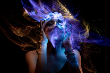 light painting portrait, new art direction, long exposure photo without photoshop, light drawing at long exposure