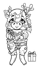 Isolated Christmas cartoon character in full growth, pretty little bull with big eyes, plump cheeks, cute smile and specks, with small ears and horns, in sweater, with candy and cookies in paws.
