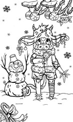 Cartoon character, cute New Years  little bull, with long ears and big eyes, with small horns and fluffy tail, with garland and christmas toys, with lollipop and carrot in his paws, with snowman.