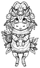 Isolated cartoon character in full growth, small cute Christmas cow with big eyes and ears, with horns - lollipops and garland, in cap and scarf, in dress and socks, with candy, leaves and orange.