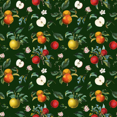 Antique apple fruit, leaf, blossom seamless pattern on dark green background	