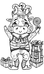 Festive cartoon character, little cute bull with chubby cheeks and big eyes, with small horns and ears, in the costume of a jester, in a striped vest, trousers and pointed shoes, with gifts and candy.