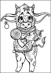 Isolated cartoon character, little cute bull with big eyes and long ears, with small horns and hooves, with scarf, in sweater with heart, with christmas toy and lollipop, in full growth.