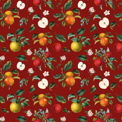 Antique apple fruit, leaf, blossom seamless pattern on dark red background	