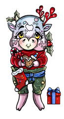 Isolated Christmas cartoon character in full growth, pretty little bull with big eyes, plump cheeks, cute smile and specks, with small ears and horns, in sweater, with candy and cookies in paws.
