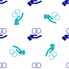 Blue Wedding rings icon isolated seamless pattern on white background. Bride and groom jewelry sign. Marriage symbol. Diamond ring. Vector.