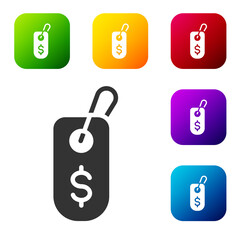 Black Price tag with dollar icon isolated on white background. Badge for price. Sale with dollar symbol. Promo tag discount. Set icons in color square buttons. Vector.