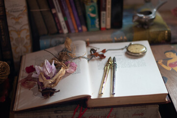 still life with books and flowers