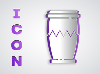 Paper cut Drum icon isolated on grey background. Music sign. Musical instrument symbol. Paper art style. Vector.