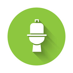 White Toilet bowl icon isolated with long shadow. Green circle button. Vector.