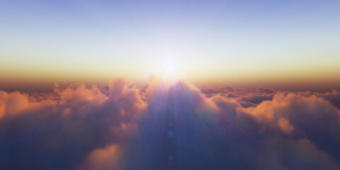 Obraz premium Beautiful aerial view above clouds with sunset. 3d illustration