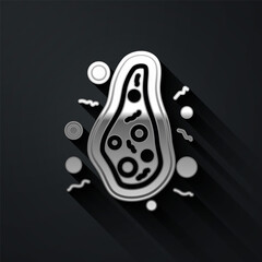 Silver Bacteria icon isolated on black background. Bacteria and germs, microorganism disease causing, cell cancer, microbe, virus, fungi. Long shadow style. Vector.