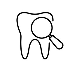 Dental care, tooth with magnifier loupe, medical tooth check line icon. Teeth medical check. Tooth with magnifying glass. Stomatology icon