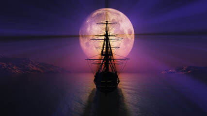 old ship in the night full moon illustration © aleksandar nakovski