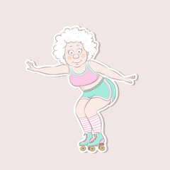 Sticker of an elderly woman on roller skates, cartoon design vector illustration.