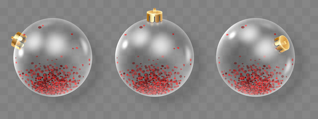 Set of glass Christmas toys, decorations, balls with red  confetti isolated on transparent background. Holiday illustration for postcard, banner, cards, decor, design, arts, advertising.