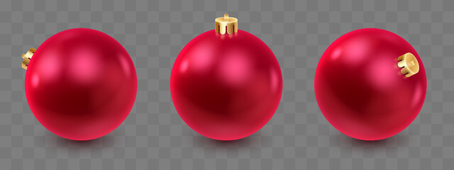 Red glass Christmas balls with shadow and reflex on transparent background. Happy New Year card, design for flyer, poster, decor, banner, web, advertising. Vector illustration. 