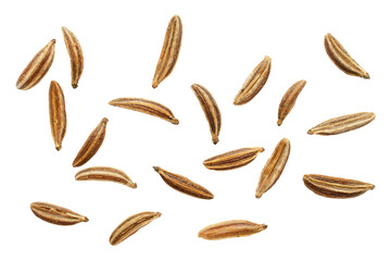 Macro caraway seeds. Macro dried of caraway seeds isolated on a white background, top view. Cumin...