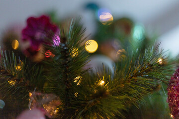 Obraz na płótnie Canvas christmas tree decoration and ornament, with lights, santa claus with christmas tree, gifts and toys, decorated holiday tree