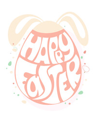 Happy Easter greeting card with bunny ears. Pink egg shape handwritten text. Holy Easter flyer, postcard, lettering. Easter eggs and rabbit ears