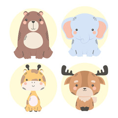 cute four animals comic characters