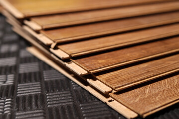 Set of Laminate floor boards. Selective focus