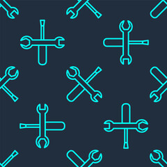 Green line Screwdriver and wrench spanner tools icon isolated seamless pattern on blue background. Service tool symbol. Vector Illustration.