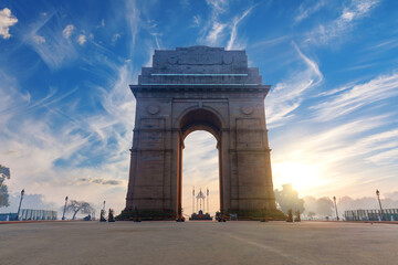 India Gate at sunrise, famous landmark of New Dehli, no people