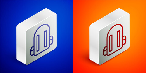 Isometric line School backpack icon isolated on blue and orange background. Silver square button. Vector Illustration.