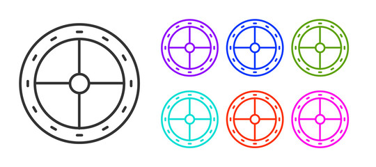 Black line Round wooden shield icon isolated on white background. Security, safety, protection, privacy, guard concept. Set icons colorful. Vector.