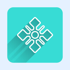 White line Snowflake icon isolated with long shadow. Green square button. Vector.