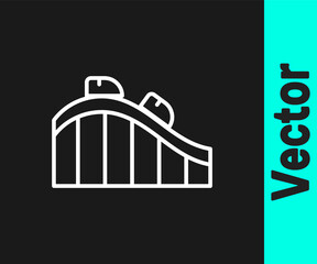 White line Roller coaster icon isolated on black background. Amusement park. Childrens entertainment playground, recreation park. Vector.