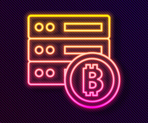 Glowing neon line Server bitcoin icon isolated on black background. Vector.