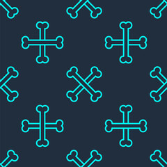 Green line Crossed human bones icon isolated seamless pattern on blue background. Vector.