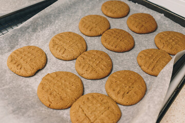 Peanut butter cookies going into the oven