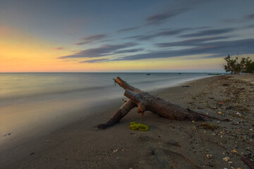 A stick of wood on the edge of the kokar beach when the sun goes away