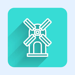 White line Wind turbine icon isolated with long shadow. Wind generator sign. Windmill for electric power production. Green square button. Vector.